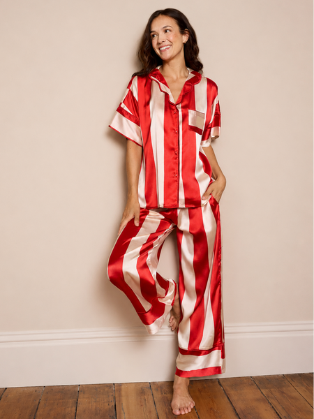 Womens Satin Oversize Pyjamas Red Stripe