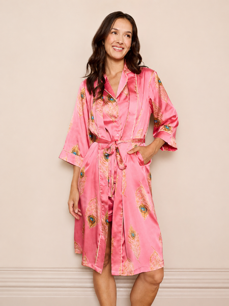 Womens Satin Kimono Dressing Gown Robe Pink Gold Peacock Feather