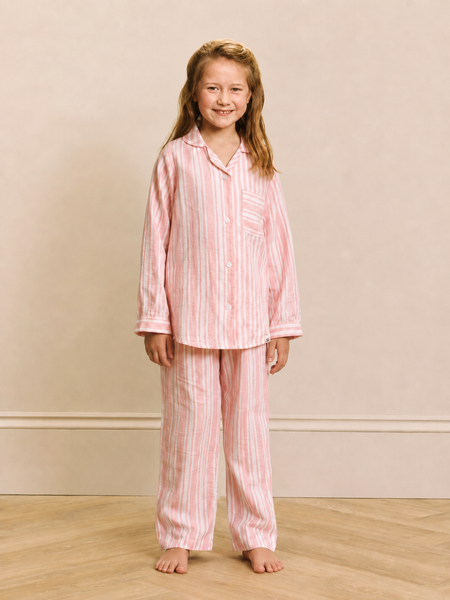 Kids Pink Multi Stripe Gauze Traditional Pyjama Set