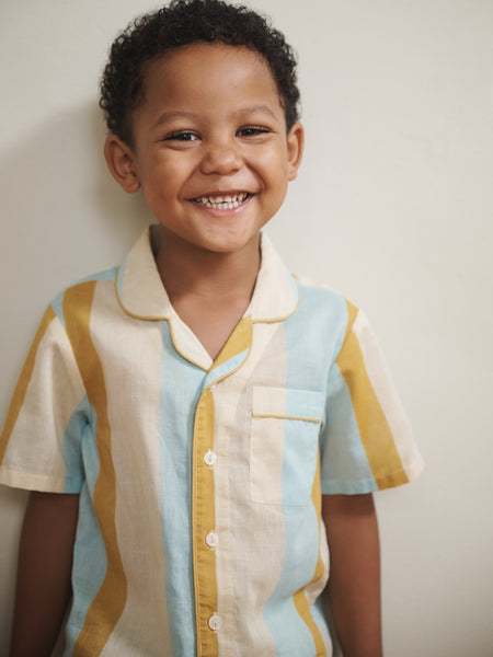 Kids Aqua Gold Sunbeam Stripe Voile Short Sleeve Shirt & Shorts Pyjamas Set