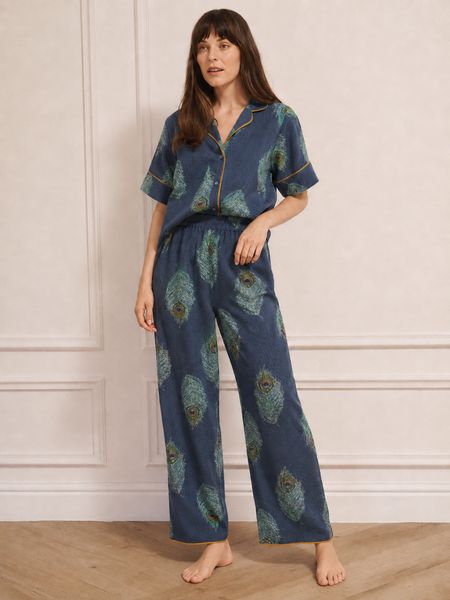 Womens Linen Mix Oversize Pyjamas Navy Peacock Feather