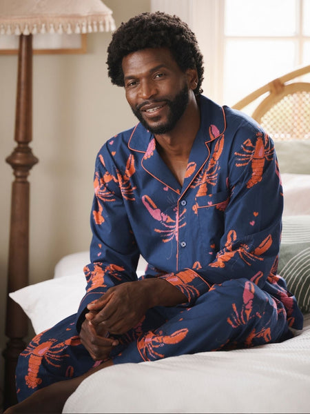 Mens Navy Lobster Cotton Traditional Long Pyjama Set