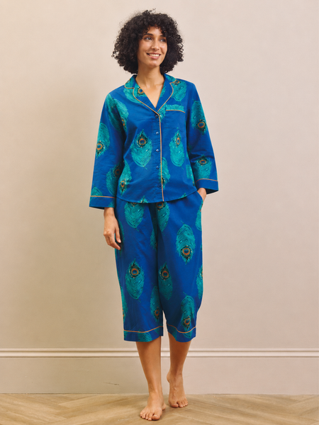 Navy Blue Peacock Feather Cotton Cropped Sleeve Capri Pyjama Set