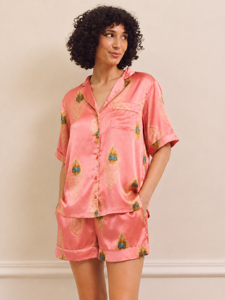 Womens Satin Shortie Pyjamas Pink Gold Peacock Feather