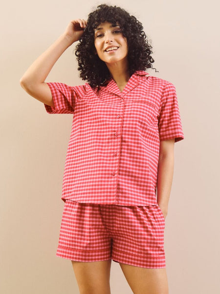 Womens Cotton Shortie Pyjamas Pink Gingham