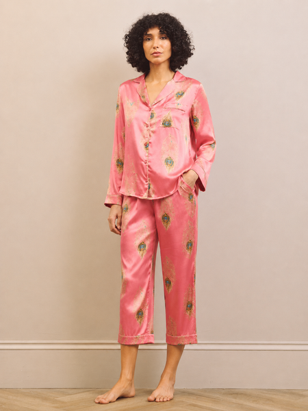 Womens Satin Cropped Sleeve Capri Pyjamas Pink Gold Peacock Feather