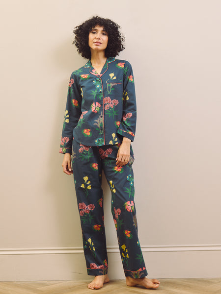 Womens Navy Wallpaper Floral Cotton Traditional Pyjama Set