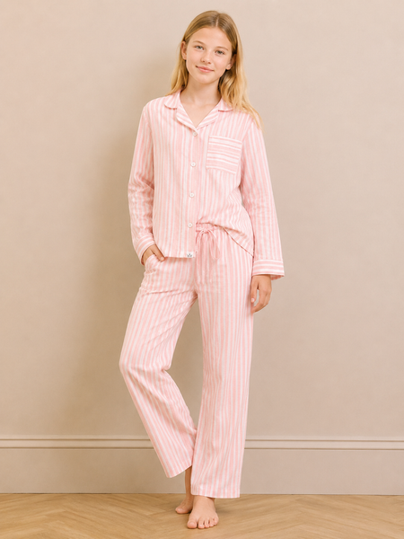 Tween Pink Multi Stripe Gauze Traditional Pyjama Set