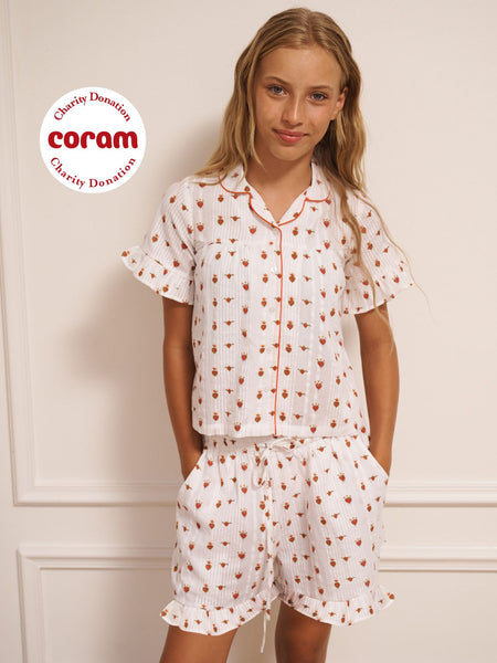 Tween Girl White Teeny Tiny Sacred Hearts Cotton Frill Shorts Pyjama Set