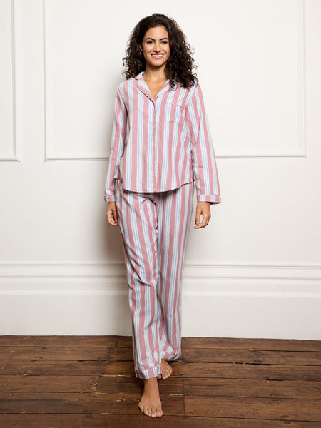 Womens Textured Twill Traditional Pyjamas Burgundy Blue Wide Stripe