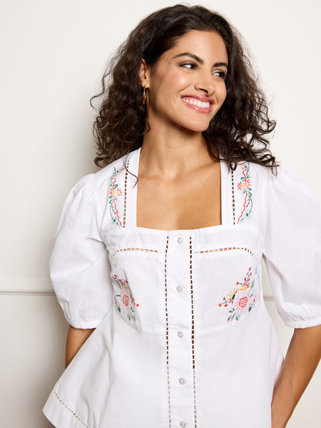 Womens White Embroidery Cotton Balloon Sleeve Shortie Pyjama Set