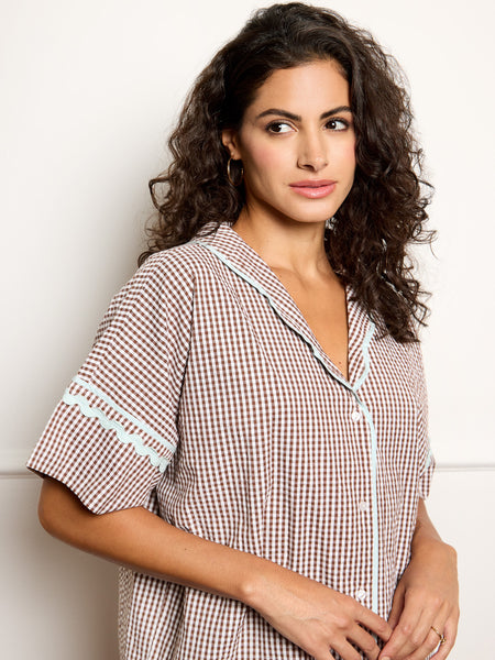Womens Gingham Oversize Pyjamas Chocolate Check With Blue Contrast Ric Rac Trim