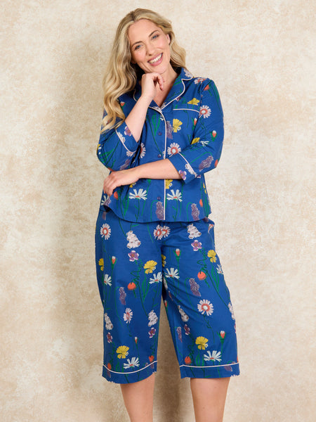 Womens Cotton Cropped Sleeve Capri Pyjamas Navy Field Flower