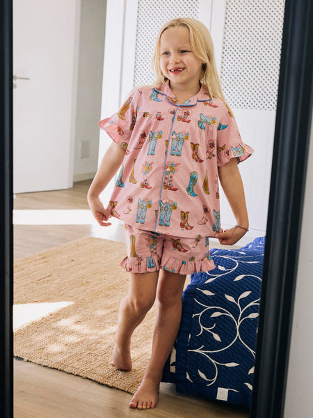 Girls Cotton Frill Shortie Pyjamas Cowgirl Boots