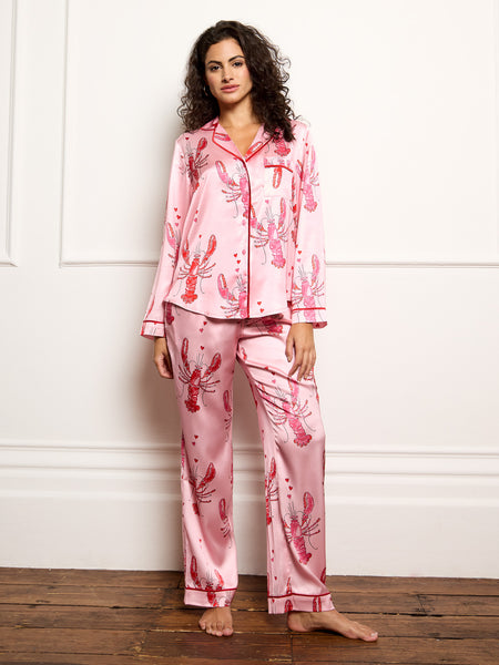 Womens Satin Traditional Pyjama Set in Pink Lobster Love