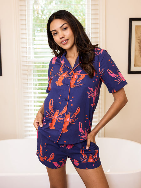 Womens Cotton Shortie Pyjamas Navy Lobsters
