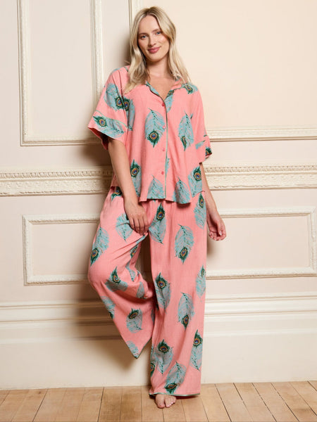 Womens Linen Mix Oversize Pyjamas Pink Peacock Feather