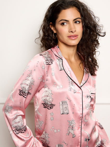 Womens Satin Traditional Pyjamas Baby Pink Sailor Tattoo