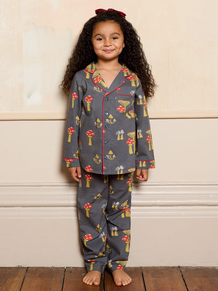 Kids Cotton Traditional Pyjamas Charcoal Mushroom