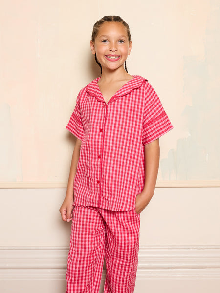Tween Girl Seersucker Oversize Pyjamas Pink Gingham