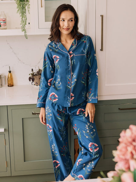 Womens Cotton Traditional Pyjamas Navy Folk Flowers