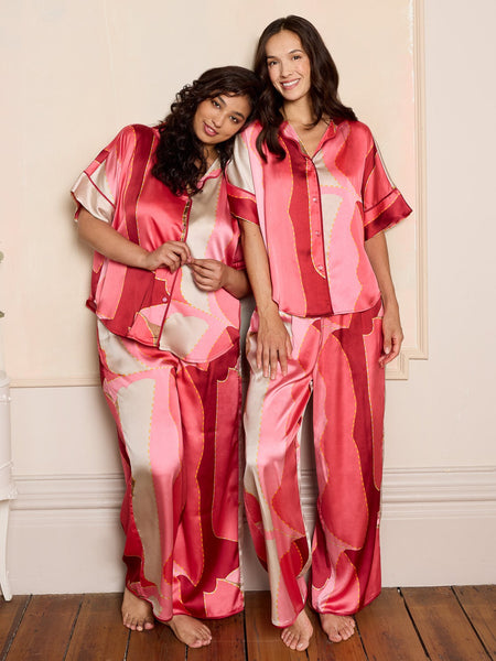 Womens Satin Oversize Pyjamas Pink Art Deco