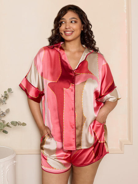 Womens Satin Oversize Shortie Pyjamas Pink Art Deco