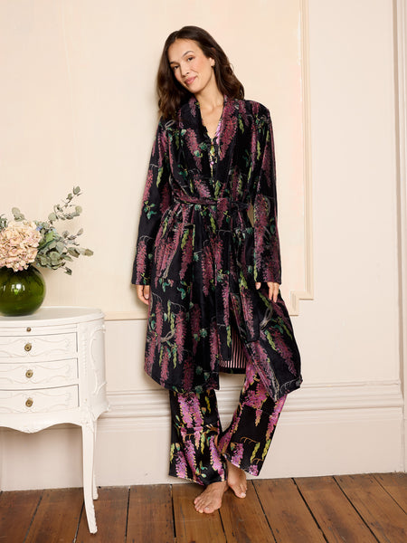 Womens Velvet Dressing Gown Robe Black Wisteria