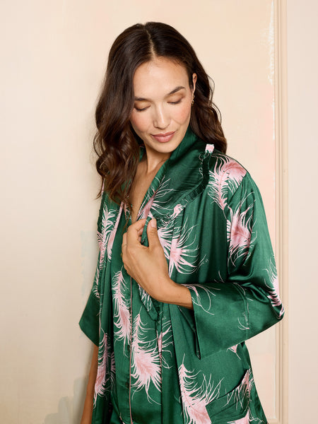 Womens Satin Pleated Collar Dressing Gown Robe Emerald Le Sommeil
