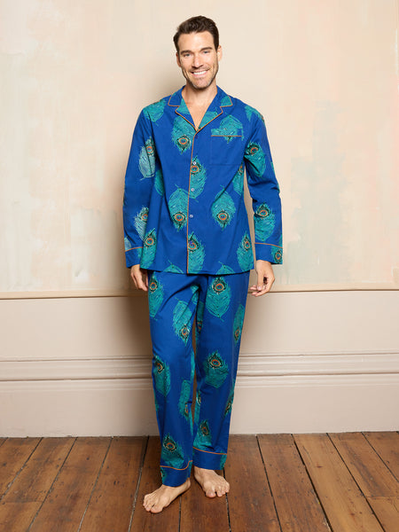 Mens Cotton Traditional Pyjamas Navy Peacock