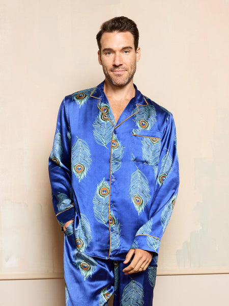 Mens Satin Traditional Pyjamas Navy Peacock