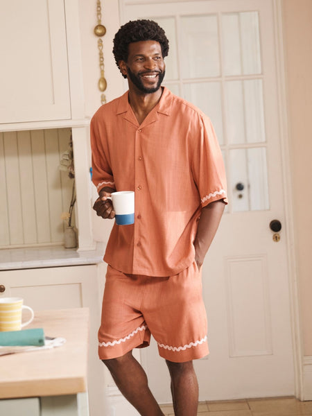 Mens Rust with Pale Pink Contrast Trim Linen Blend Oversizes Shorts Pyjama Set
