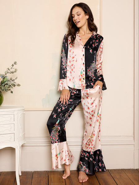 Womens Satin Bold Cuff Pyjamas Pink Contrast Peacock and Roses