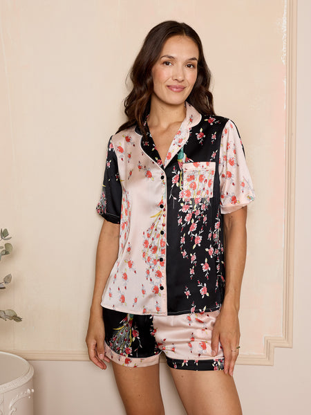 Womens Satin Shortie Pyjamas Pink Contrast Peacock and Roses