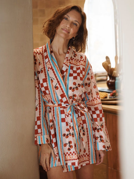 Womens Pink Tomato Kisses Cotton Voile Mini Grandpa Dressing Gown
